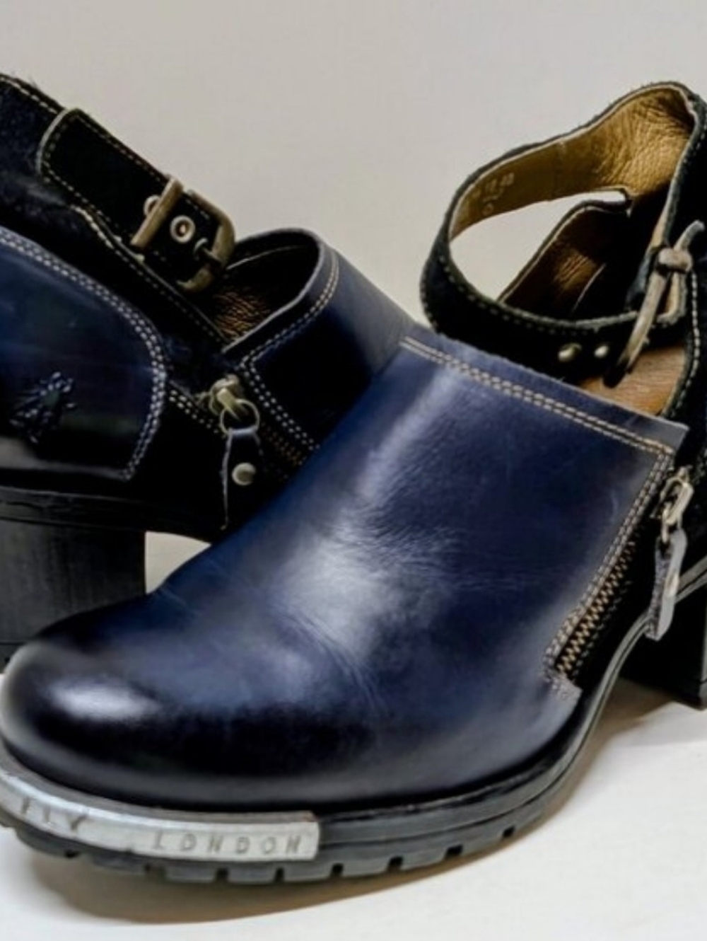 Fly London Lepu Leather Ankle Strap Booties in Navy Blue - Picture 3 of 6